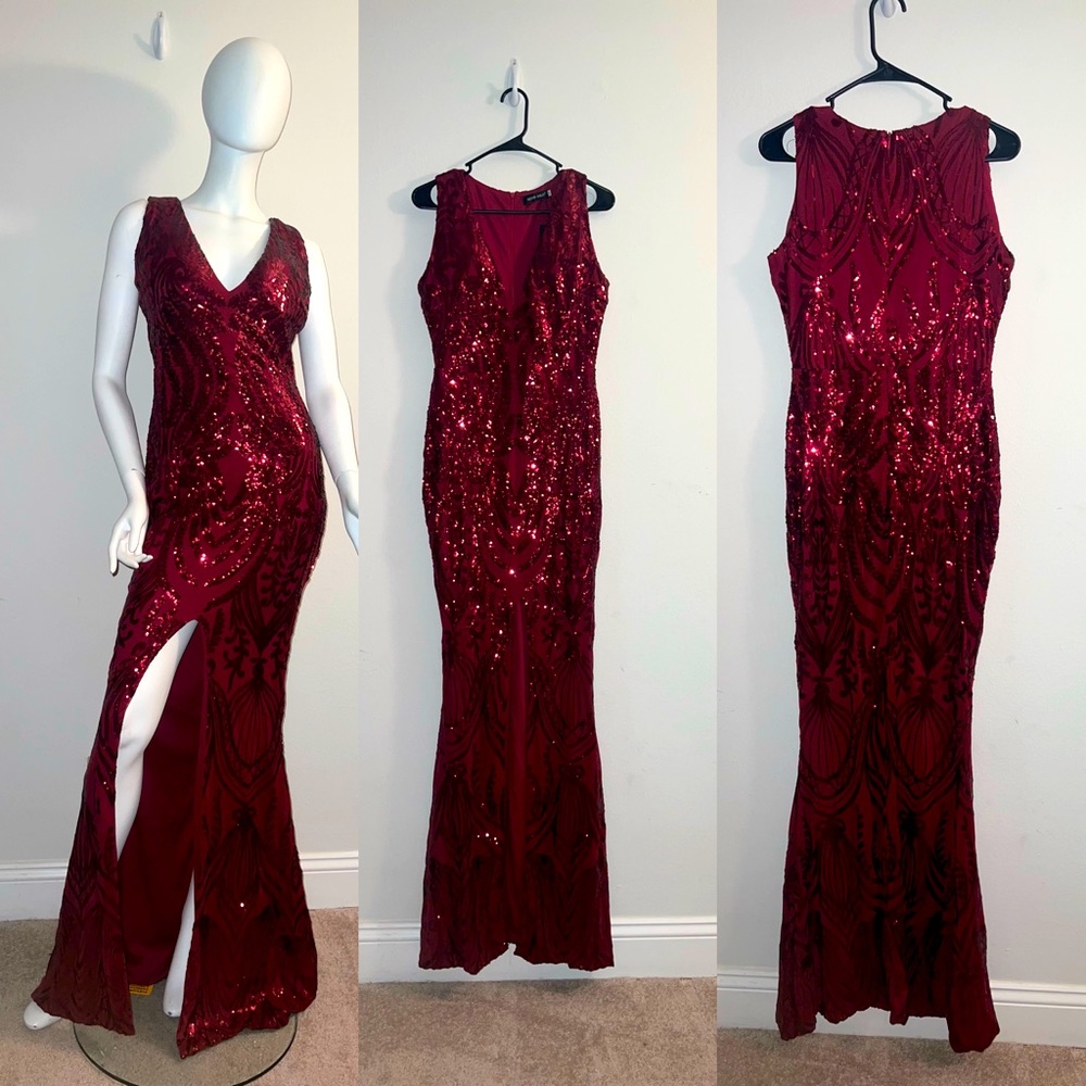 Long burgundy dress with slit in front. Only wore once for like 15 mins.